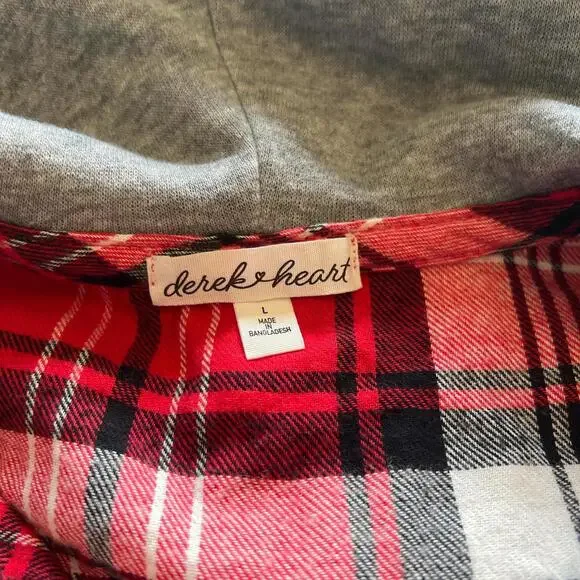 Red and white plaid button-up hoodie shirt - Picture 3 of 3